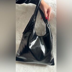 Stand Oil Black Glossy Shoulder Bag Minimalist Korean Designer Tote